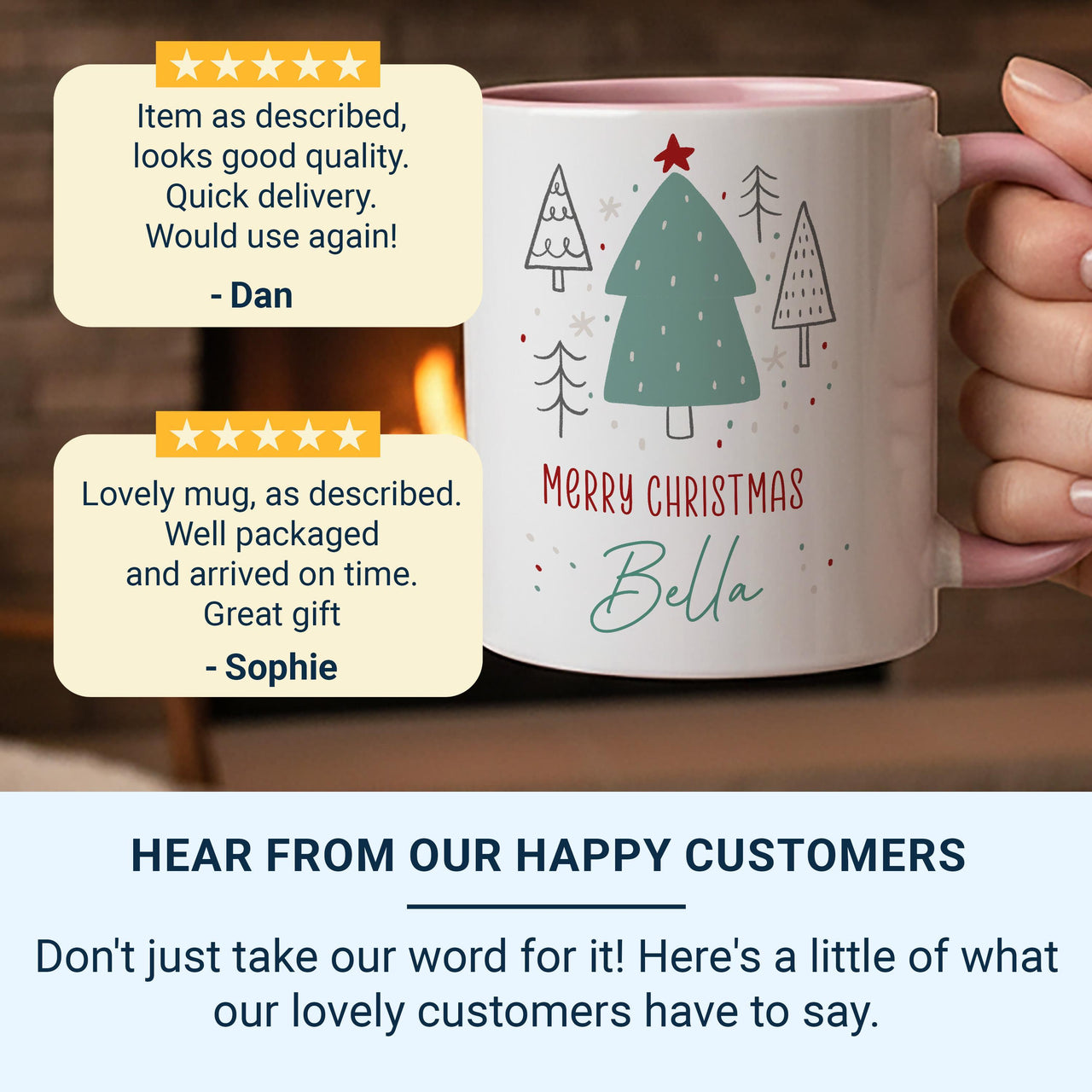 Merry Christmas Personalised Name Mug – Festive Tree Design – Holiday Morning Brew for Stockings, Secret Santa and Family Gifts