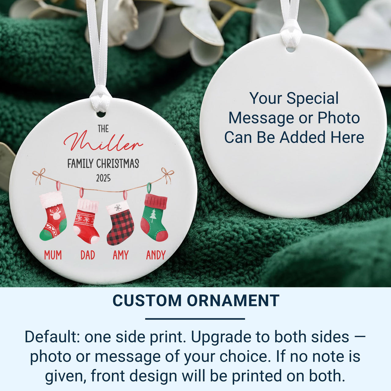 Personalised Family Christmas Ornament, Christmas Stockings Bauble, Custom Xmas Home Round Ceramic Decoration, Best Gift for Grandparents UK