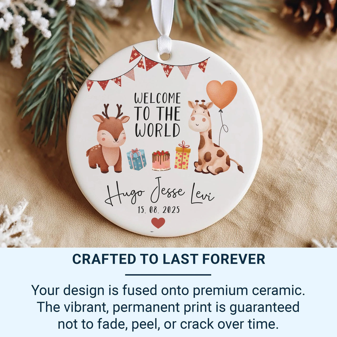 Welcome Baby Ornament - Newborn Keepsake with Giraffe for Nursery & Christening