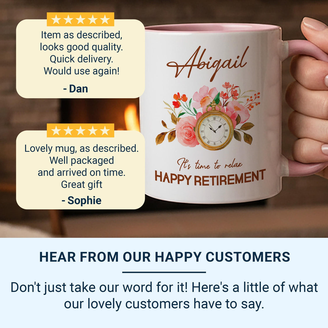 Happy Retirement Personalised Mug – “Time to Relax” Clock and Florals with Name – Office Leaving, Farewell Party and New_Chapter Gift