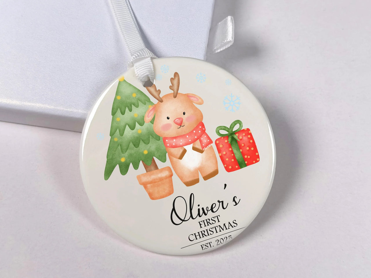 Reindeer Baby Ornament - First Christmas Keepsake with Name & Year for Newborns