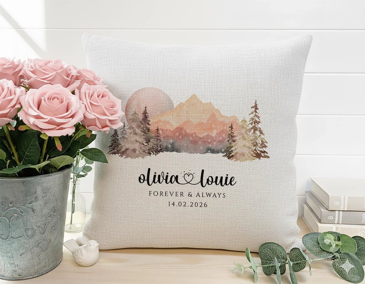 Personalised Mountain Cushion - Scenic Romantic Keepsake with Names & Date for Adventurous Couples