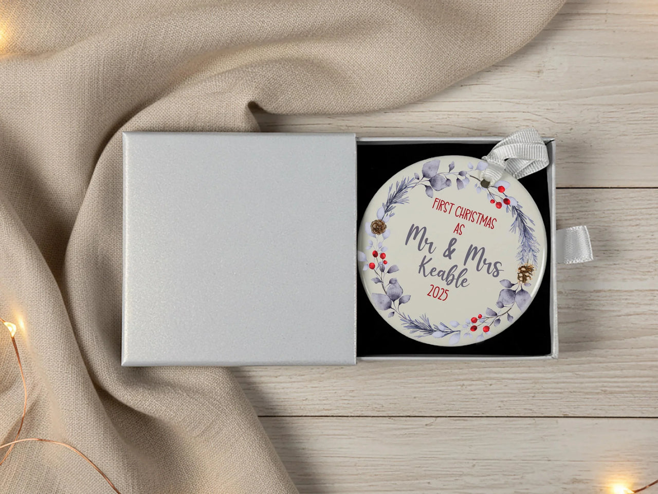 First Christmas As Mr and Mrs Personalised Ornament, Just Married Keepsake, Bauble Name, Custom Round Christmas Decoration, Gift for Couple