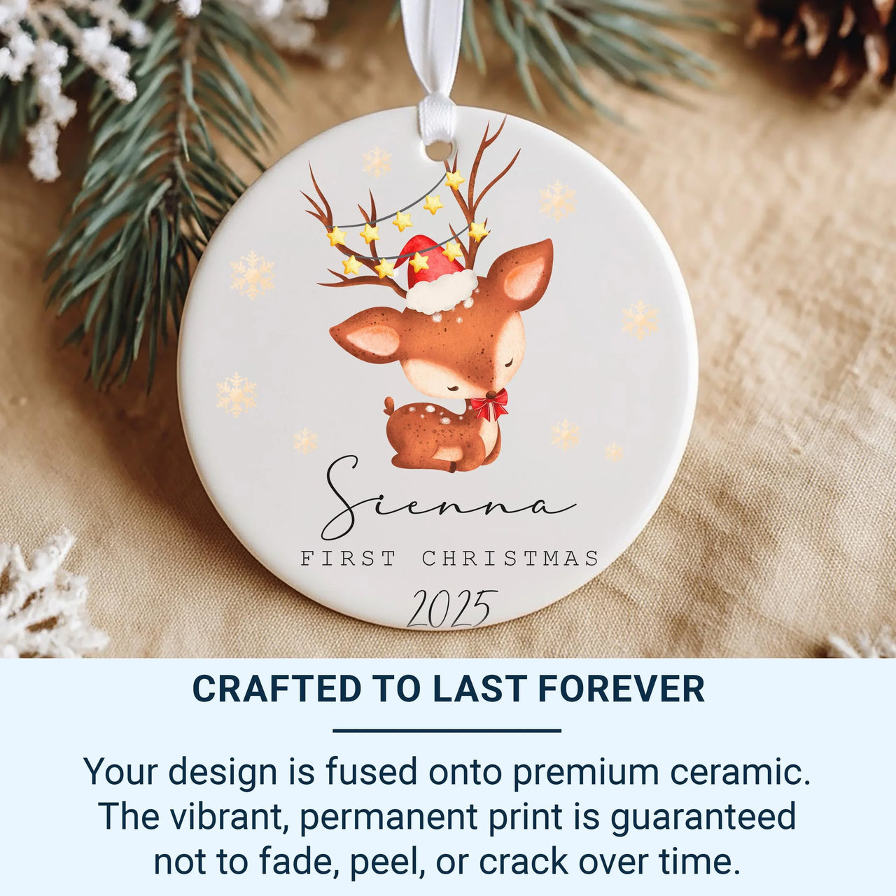 Personalised First Christmas Ornament - Funny Reindeer Ceramic Decoration - Stocking Filler - Baby's Xmas Keepsake - Boy or Girl Gift