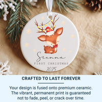 Personalised First Christmas Ornament - Funny Reindeer Ceramic Decoration - Stocking Filler - Baby's Xmas Keepsake - Boy or Girl Gift