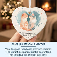 Valentine Cats Heart Ornament - Romantic Keepsake with Names for Cat Loving Couples