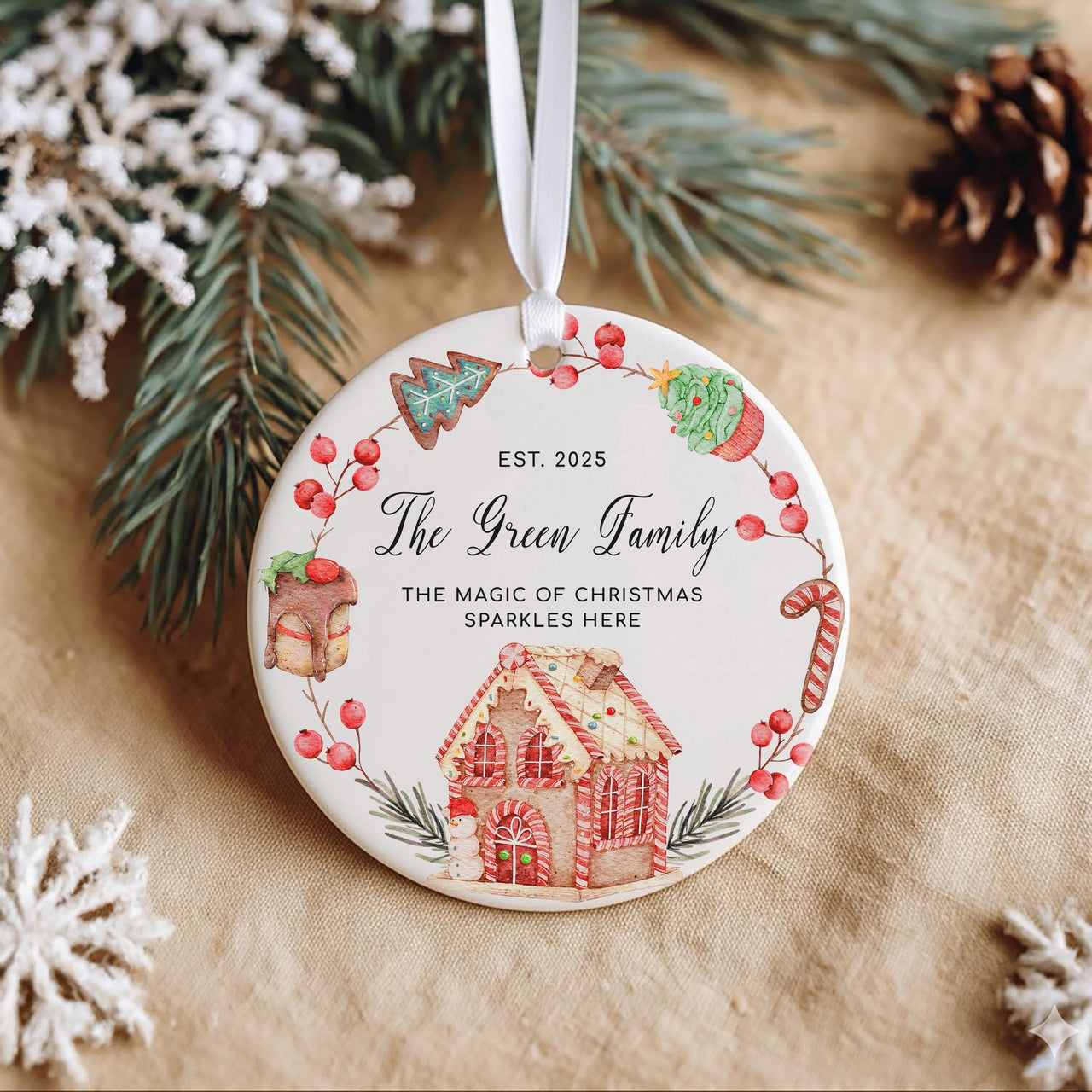 Family Christmas Ornament 2025 - Gingerbread & Festive Motto with Surname