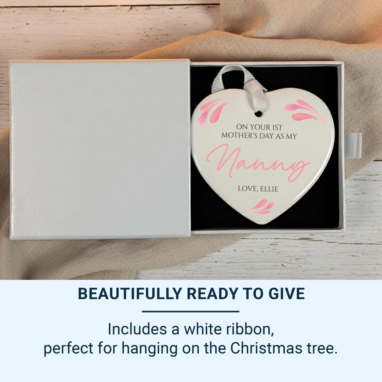 Nanny First Mother's Day Ornament – Heart Shaped Keepsake with Custom Name & Floral Decor