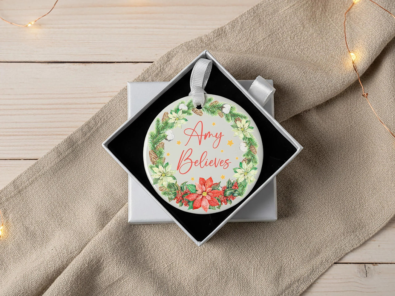 Christmas Believes Ornament - Poinsettia Wreath Keepsake with Name