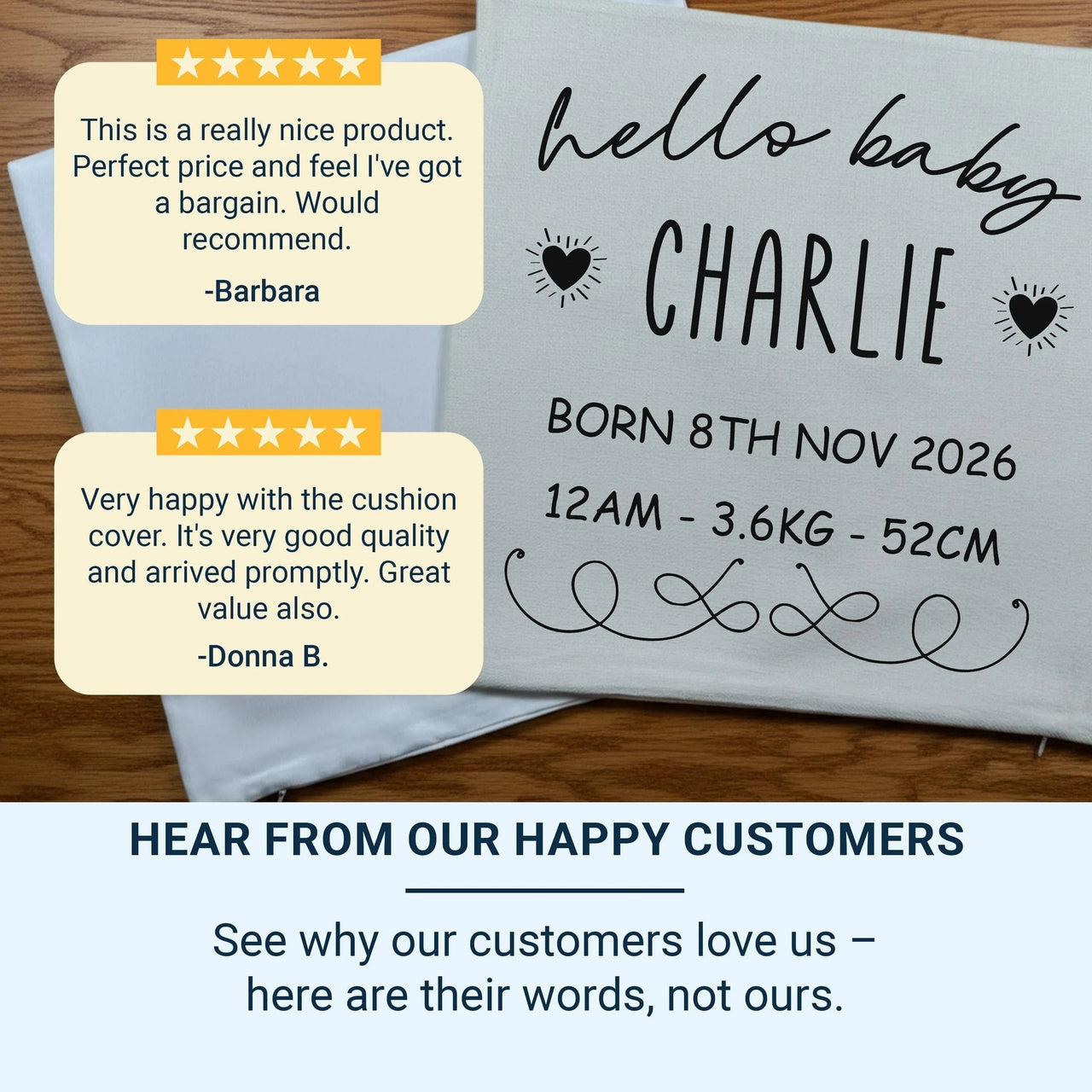 Personalised Baby Birth Cushion – Custom Name Pillow | Newborn Keepsake Gift