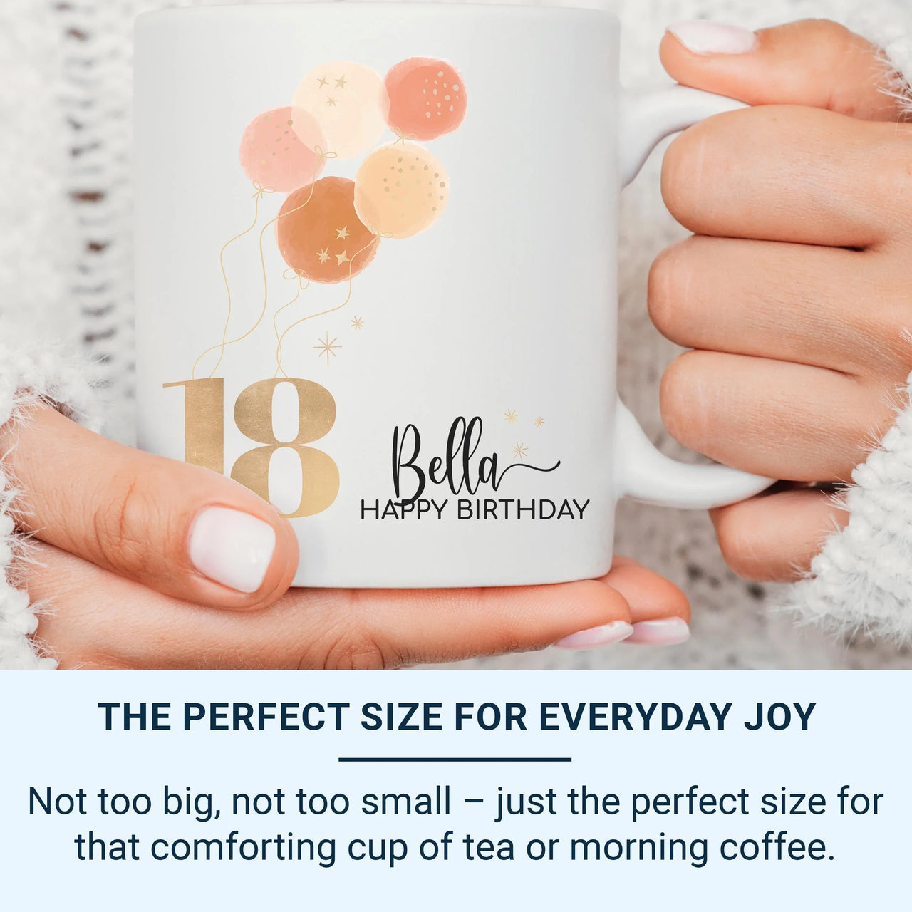 18th Birthday Balloons Mug – Personalised Name with Gold “18” and Pastel Stars – Party Morning Photo Prop and Milestone Keepsake