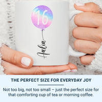 16th Birthday Mug – Personalised Name and Star Balloon Design – Sweet Sixteen Milestone Gift and Morning Surprise
