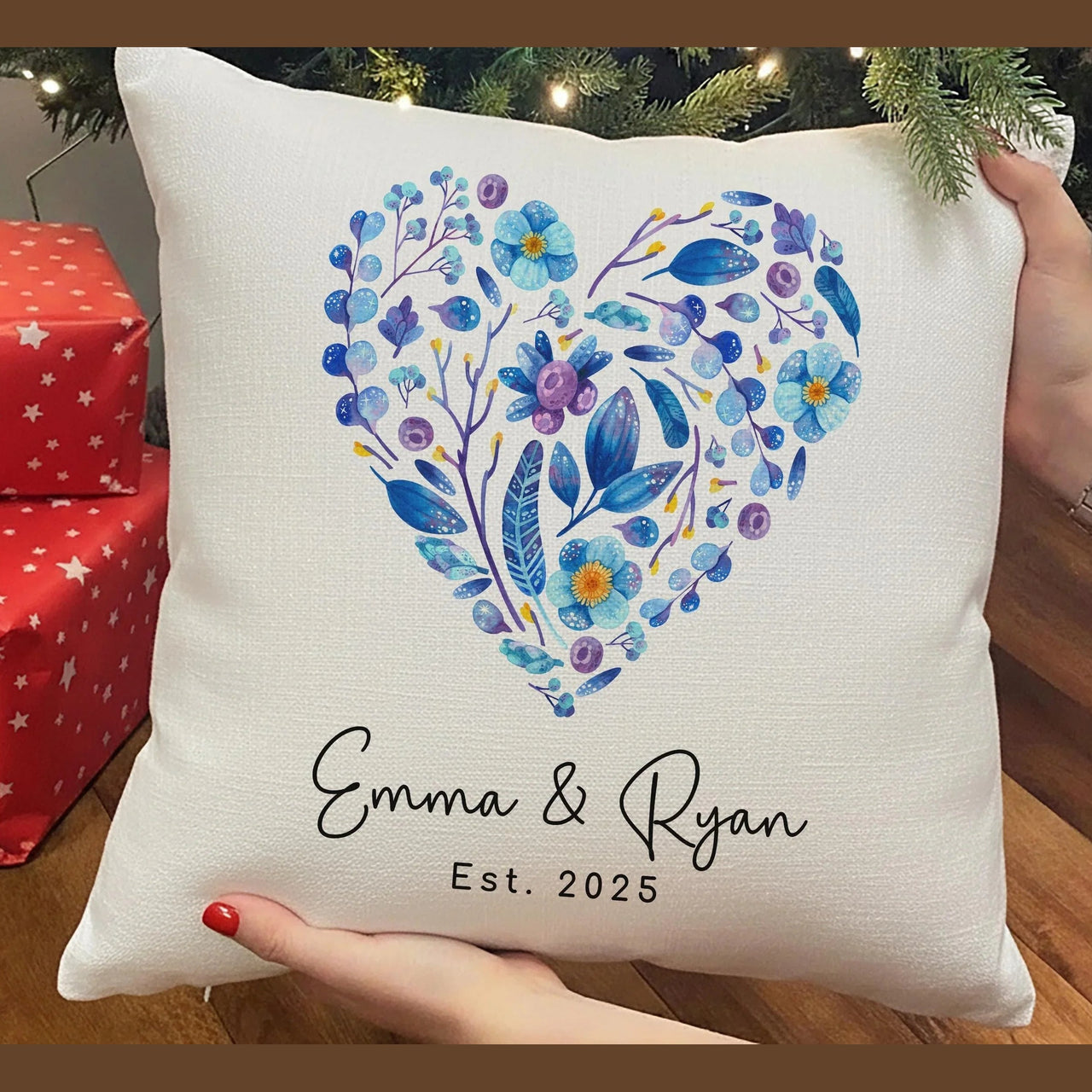 Personalised Floral Heart Cushion - Romantic Wedding Keepsake with Names & Year