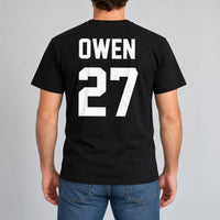 5-a-Side Football Name Number Iron-On Transfer, shown on a black t-shirt (back view)