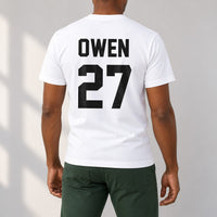 5-a-Side Football Name Number Iron-On Transfer, shown on a white t-shirt (back view)