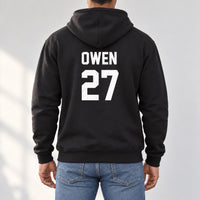 5-a-Side Football Name Number Iron-On Transfer, shown on a black hoodie (back view)