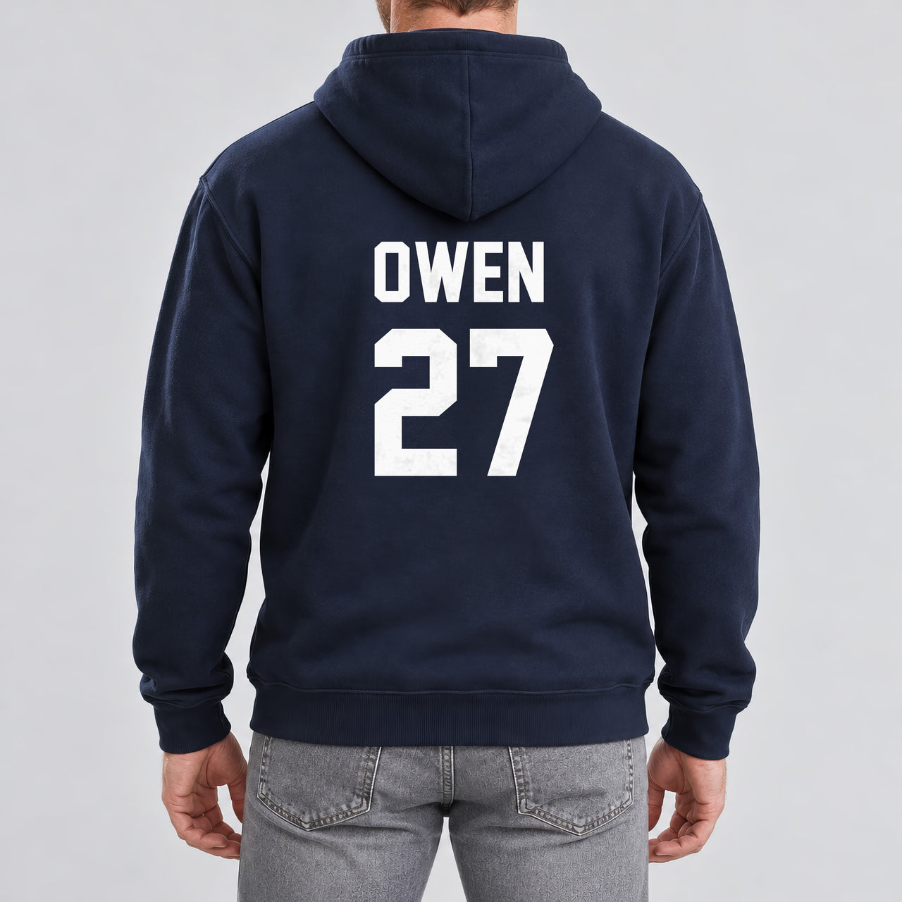 5-a-Side Football Name Number Iron-On Transfer, shown on a navy hoodie (back view)