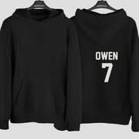 5-a-Side Football Name Number Iron-On Transfer shown on a hoodie