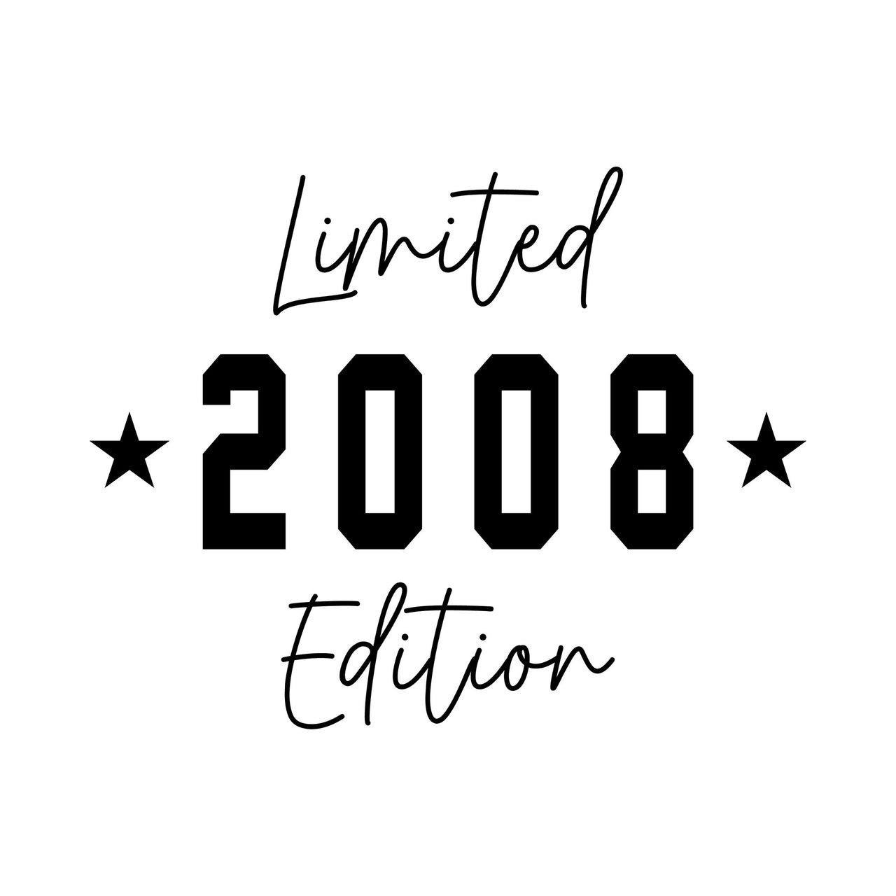 Limited Edition Birthday Year iron-on design: black Limited 2008 Edition with stars on white
