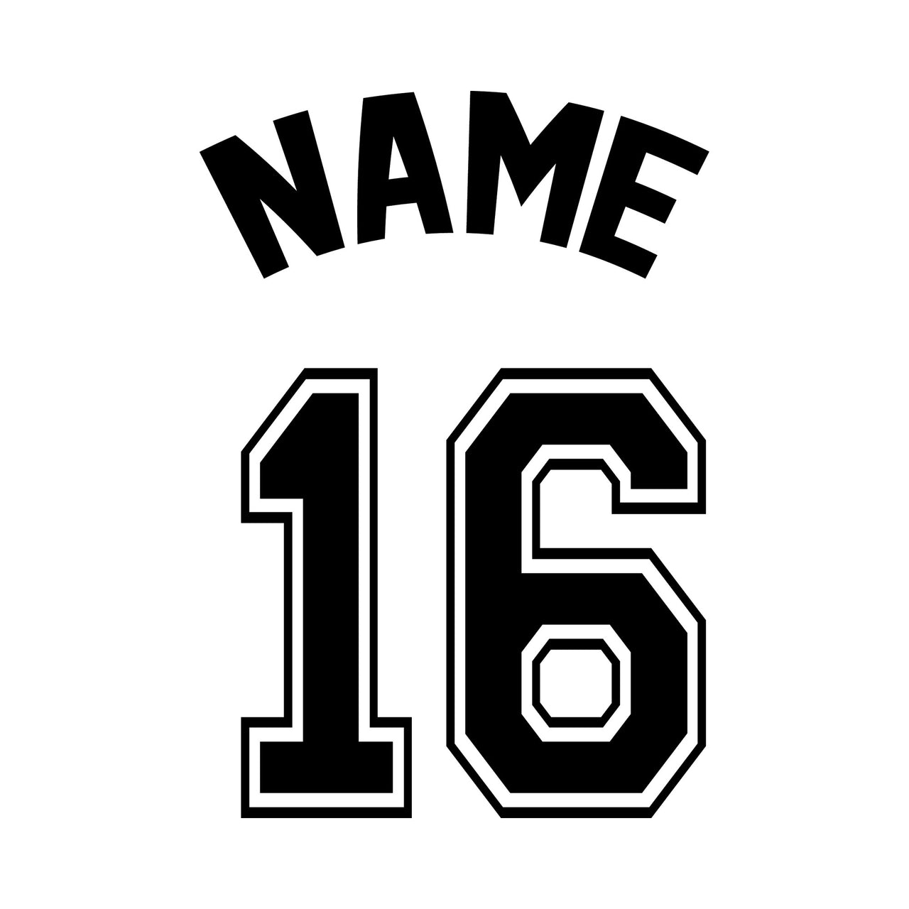 Flat jersey artwork: arched 'NAME' above outlined varsity '16', personalised name and number HTV transfer design
