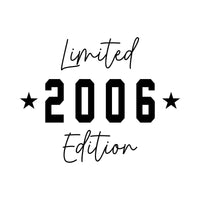 Flat black artwork: script 'Limited' and 'Edition' around a bold '2006' between two stars, birth year iron-on transfer design