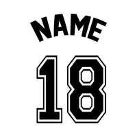 Flat artwork: arched 'NAME' over outlined varsity '18', personalised jersey number iron-on transfer design