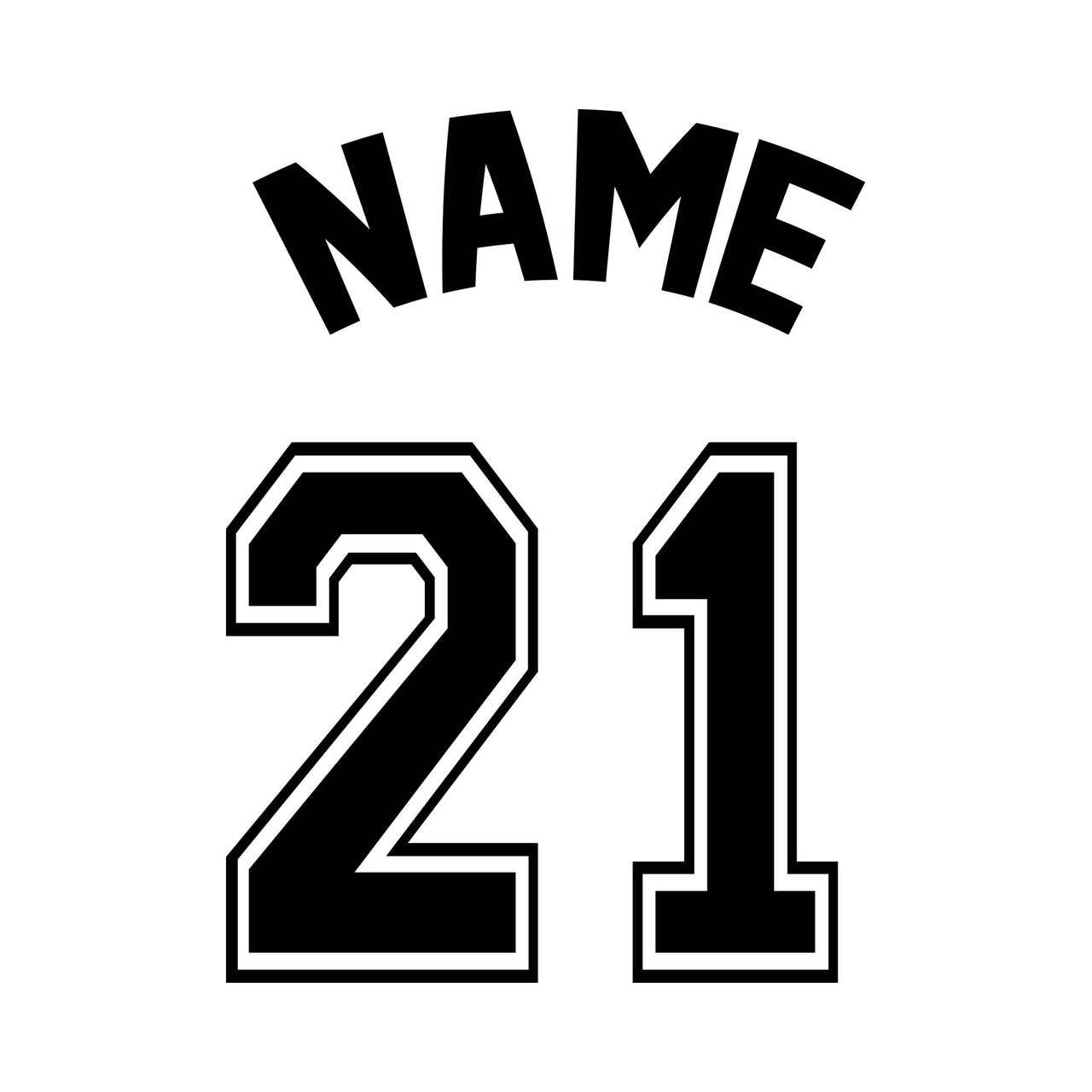 Flat artwork: arched 'NAME' above outlined varsity '21', custom name and number jersey iron-on transfer design