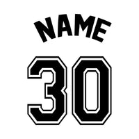 Flat artwork: curved 'NAME' above outlined block '30', personalised team jersey iron-on transfer design