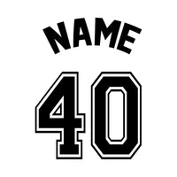 Flat sports jersey artwork: curved 'NAME' over outlined block '40', personalised birthday iron-on transfer design
