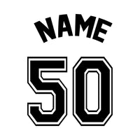 Flat black artwork: arched 'NAME' over outlined sports number '50', team style iron-on transfer design