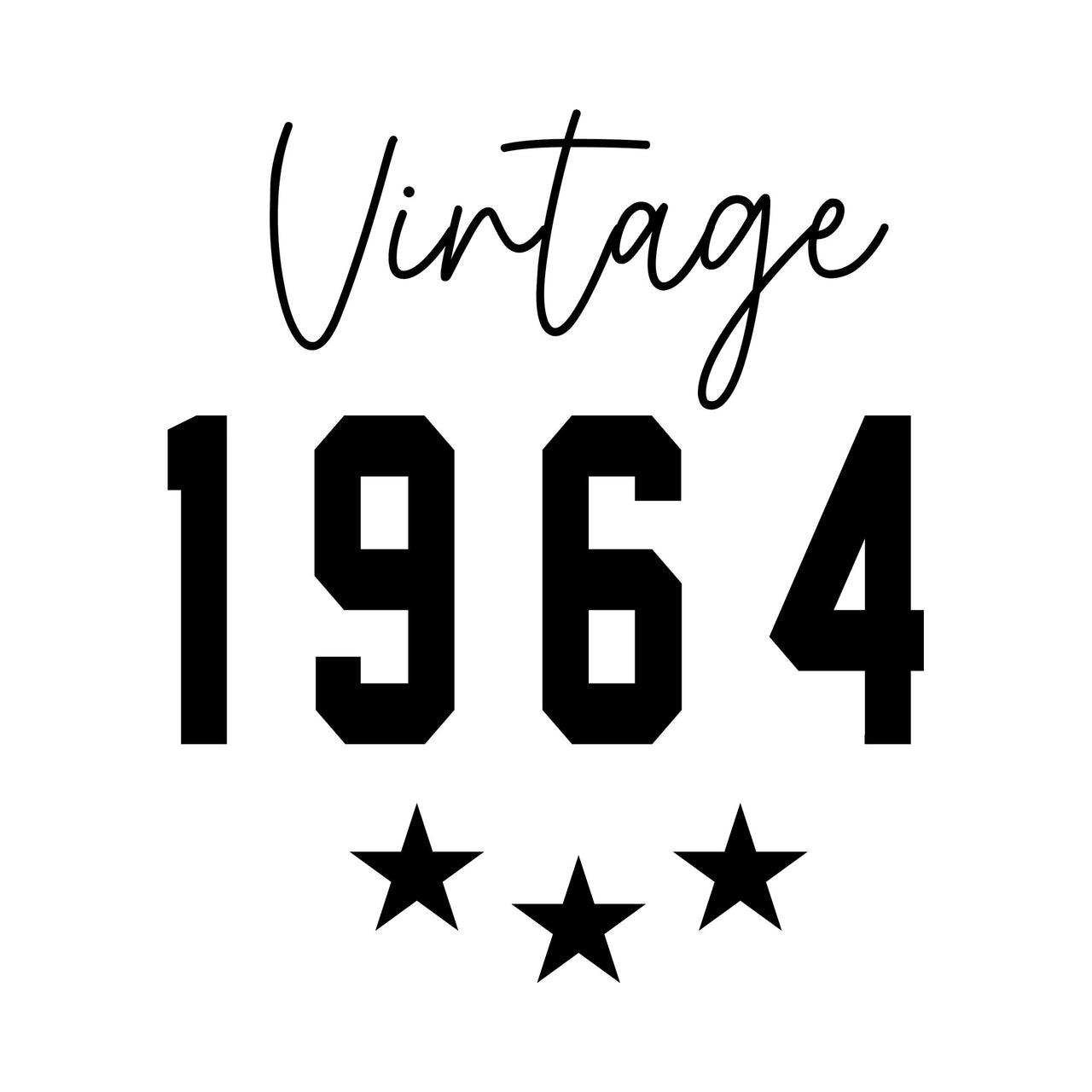 Flat artwork: handwritten 'Vintage' above a varsity '1964' and three stars, birthday year iron-on transfer design