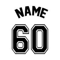 Flat varsity artwork: arched 'NAME' and outlined number '60', personalised sports style iron-on transfer design