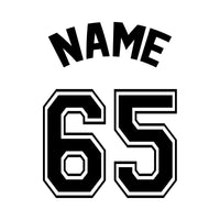 Flat artwork: arched 'NAME' and outlined jersey '65', personalised birthday kit HTV transfer design