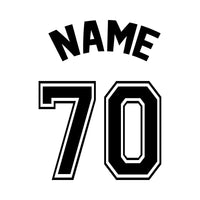 Flat artwork: arched 'NAME' above outlined jersey number '70' - personalised iron-on vinyl transfer design