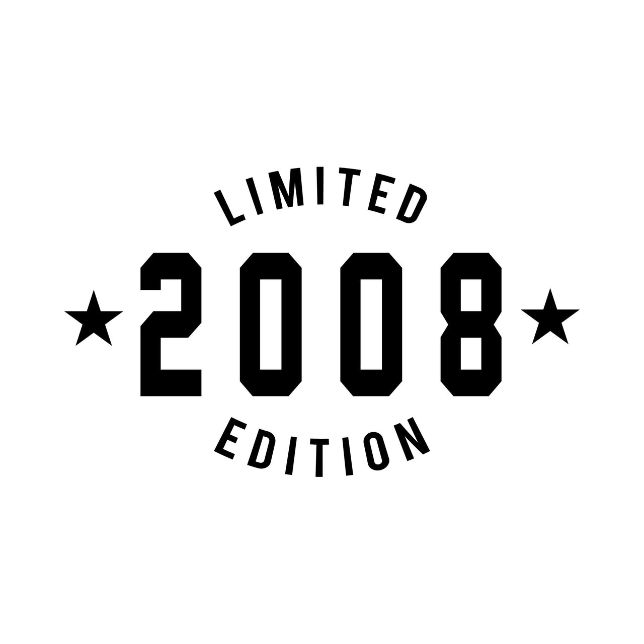 Flat artwork: arched 'LIMITED' and 'EDITION' around '2008' with two stars, birth year badge iron-on transfer