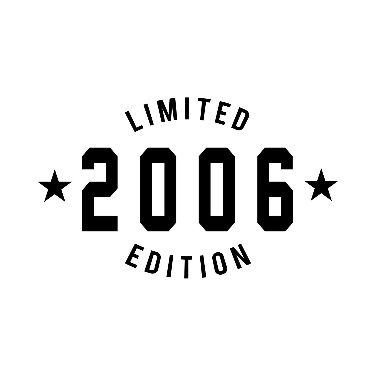 Flat artwork: arched 'LIMITED' and 'EDITION' around '2006' with two stars - birth year iron-on vinyl transfer design