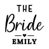 Flat 'THE Bride' script artwork with small heart divider and 'EMILY' below, wedding day HTV transfer design