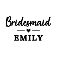 Flat script 'Bridesmaid' artwork with heart divider and name 'EMILY' in serif capitals, iron-on transfer design
