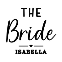 Flat black artwork: 'THE Bride' over a heart divider and 'ISABELLA', personalised bride iron-on transfer design