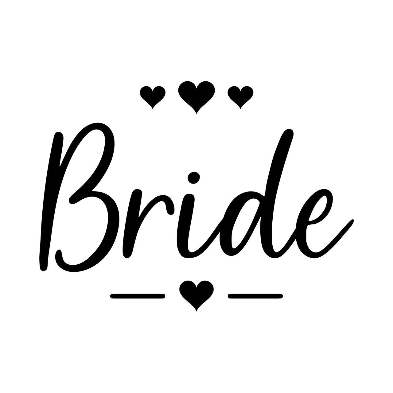 Flat artwork: 'Bride' in black script with small hearts above and below, iron-on vinyl transfer