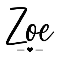 Flat artwork of the name 'Zoe' in flowing script with a heart divider beneath, custom name iron-on transfer design
