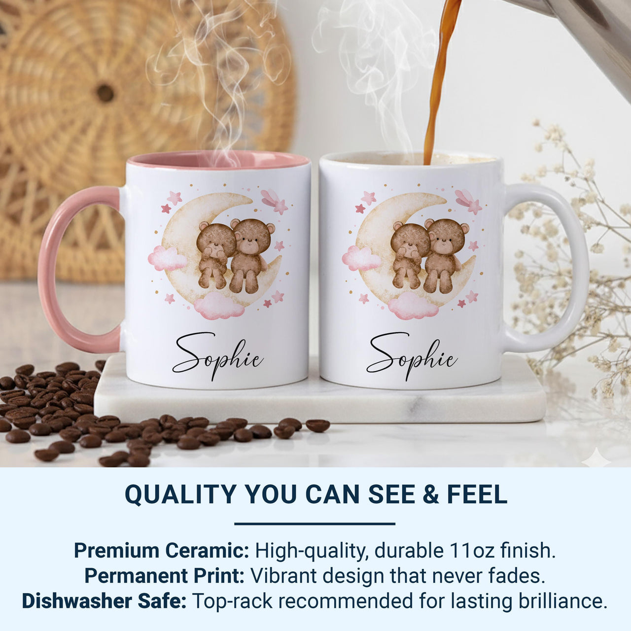 Personalised Baby Name Mug – Moon, Stars and Teddy Bears with Script Name – Dreamy Nursery and New Mum Gift