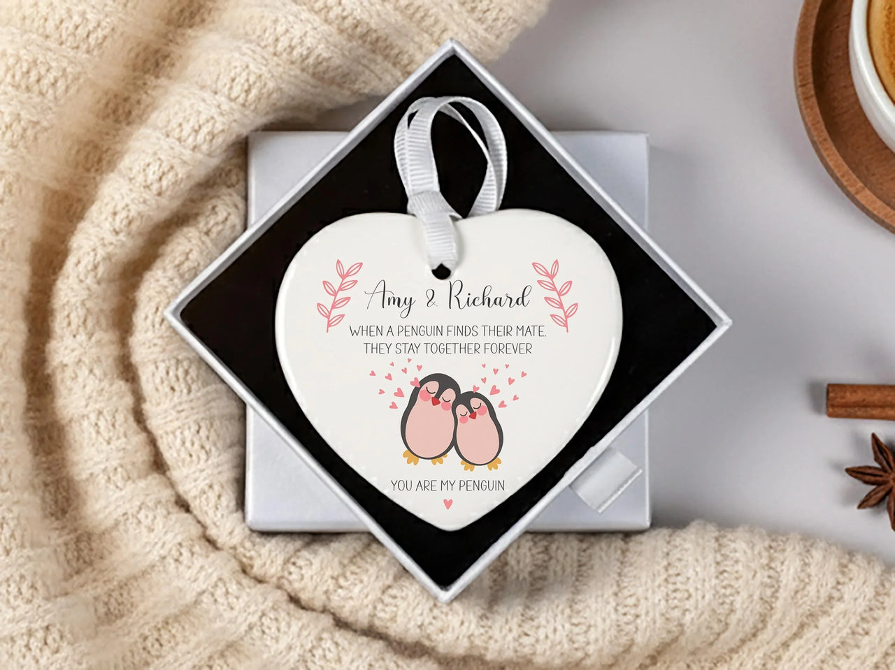 Valentine Penguin Heart Ornament - Forever Mate Keepsake with Leafy Details
