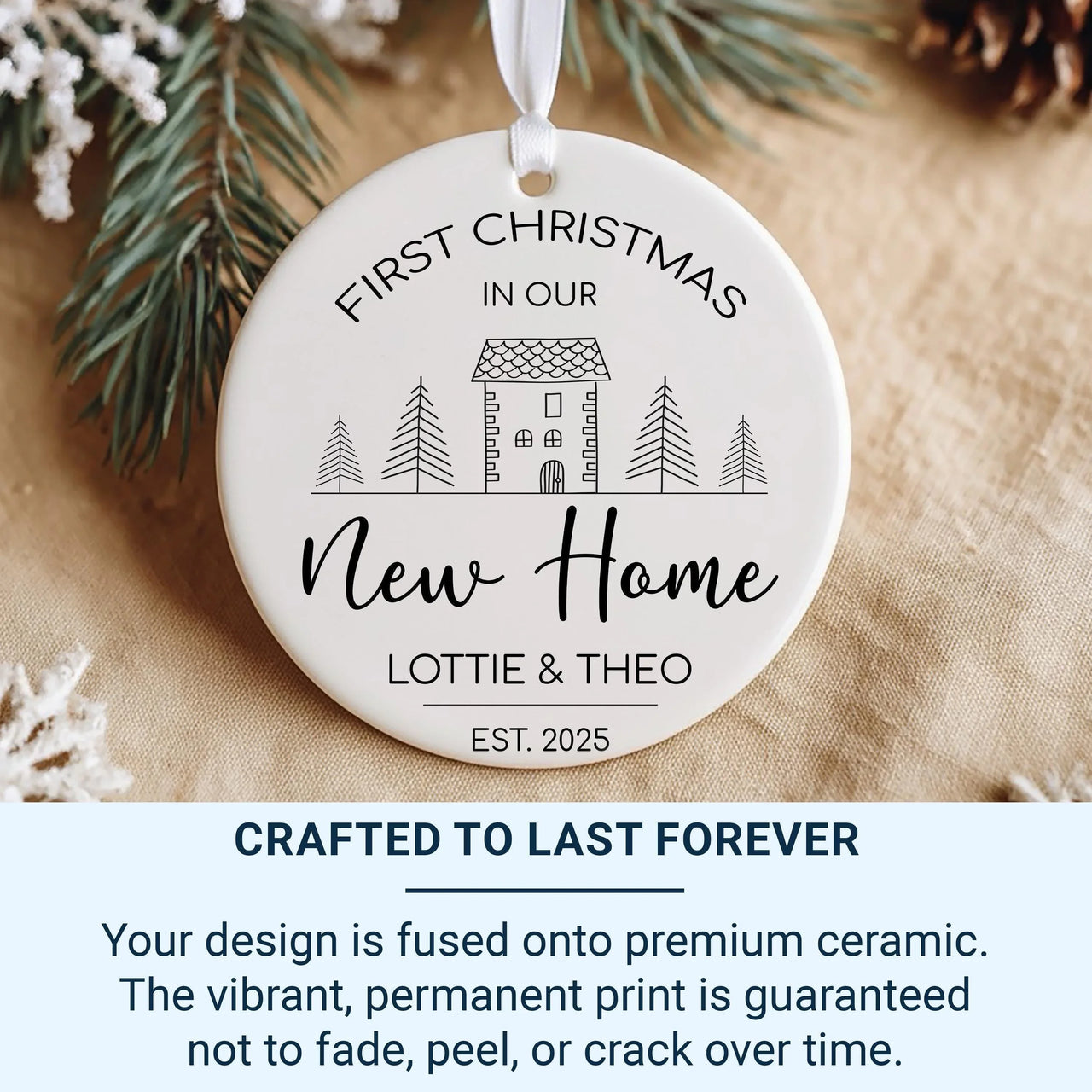New Home Ornament - Minimalist House Keepsake with Names & Date for First Christmas