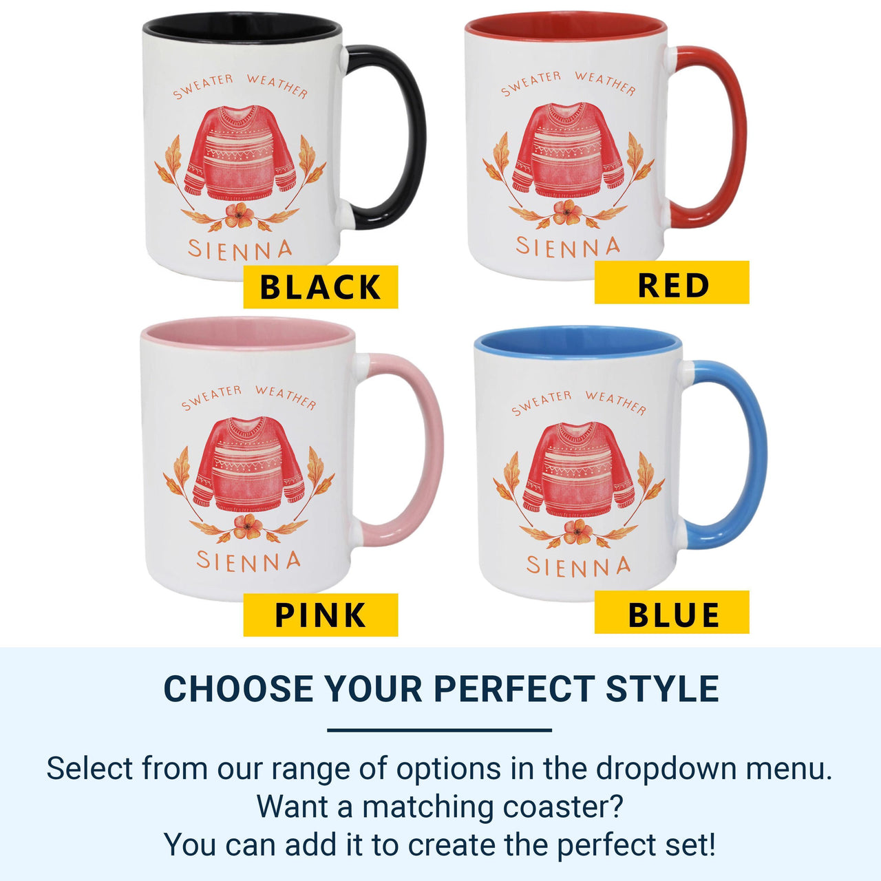 Sweater Weather Personalised Name Mug – Cosy Red Jumper Design for Autumn Lovers, Hygge Evenings and Fall Birthdays