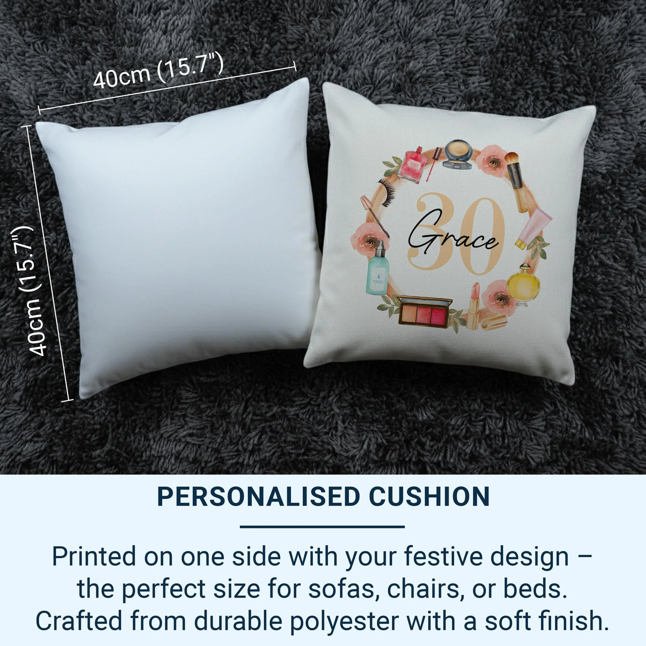 Personalised Birthday Cushion – Custom Name Makeup Design Pillow | Elegant 30th Birthday Gift
