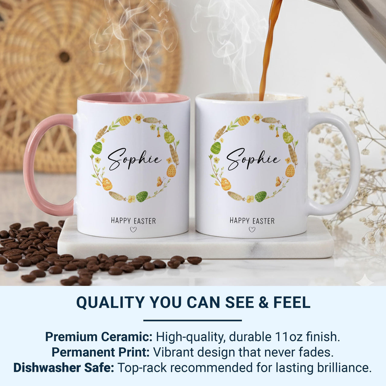 Happy Easter Personalised Name Mug – Floral Egg Wreath with Script and Heart – Kids’ Basket Filler and Spring Morning Cocoa