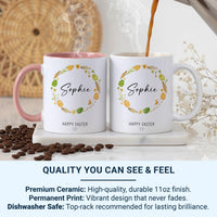 Happy Easter Personalised Name Mug – Floral Egg Wreath with Script and Heart – Kids’ Basket Filler and Spring Morning Cocoa
