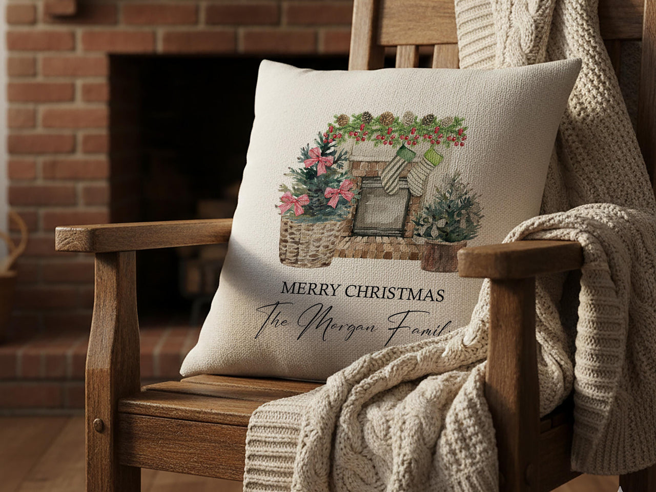Personalised Fireplace Christmas Cushion - Cosy Festive Keepsake with Family Name & Stockings