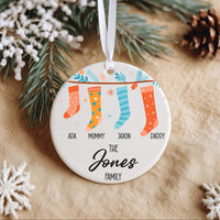 Family Christmas Ornament - Stocking Row with Four Names & Surname
